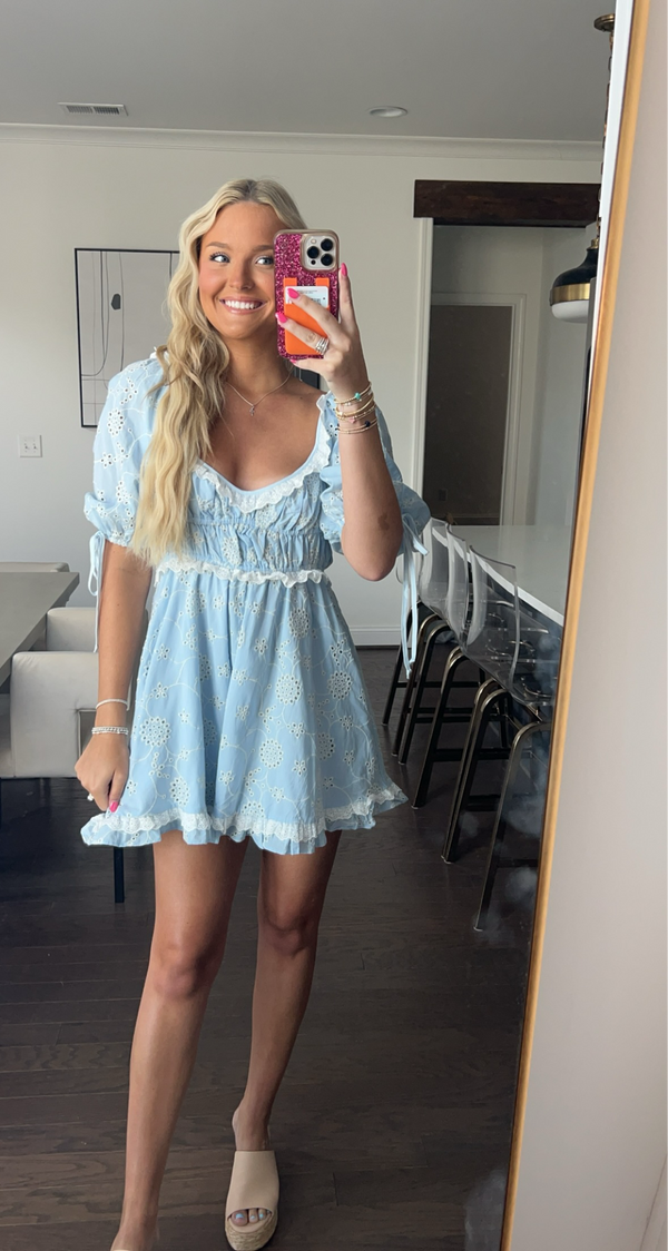 Blue Eyelet Mini Dress